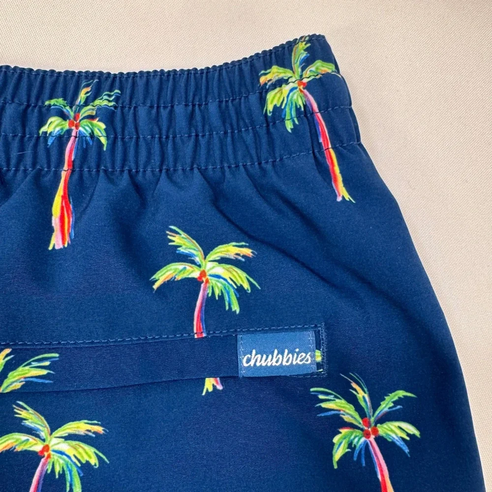 Chubbies Swim Trunks Mens 2XL Navy Blue Rainbow Palm Tree All Over‎ Print Preppy